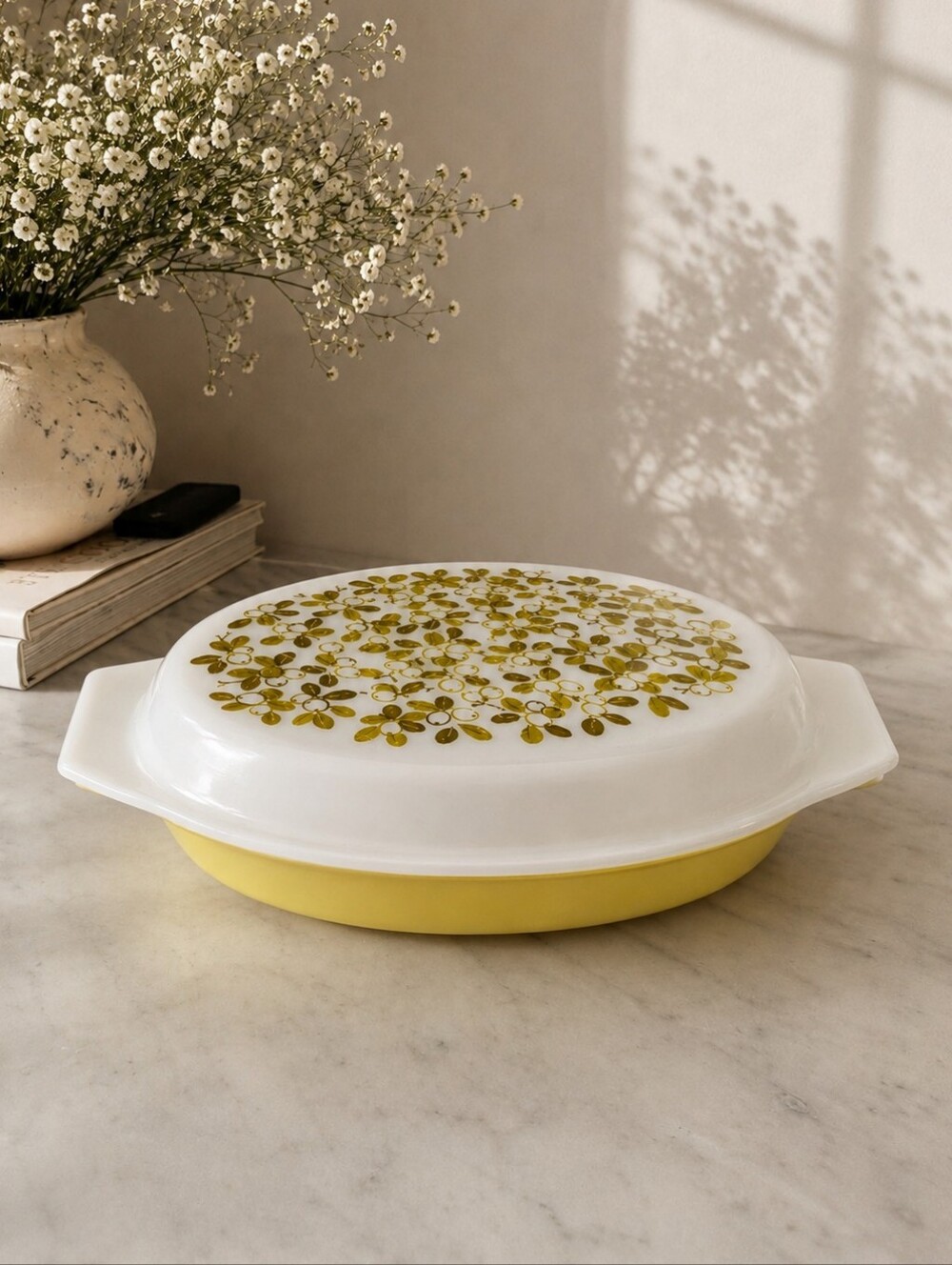 Pyrex White Yellow Olive Green Casserole Dish Retro Divided W Lid Verde
